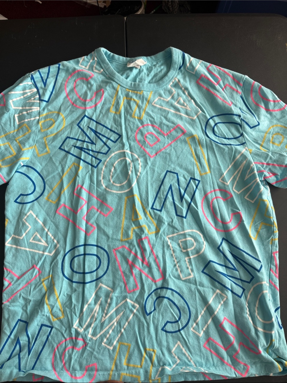 Champion Light Blue All-Over Logo Tee with Pink, Yellow, Navy, White Accents